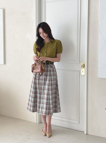 Macaroon Check Button A-Line Long Skirt (Belt Set)